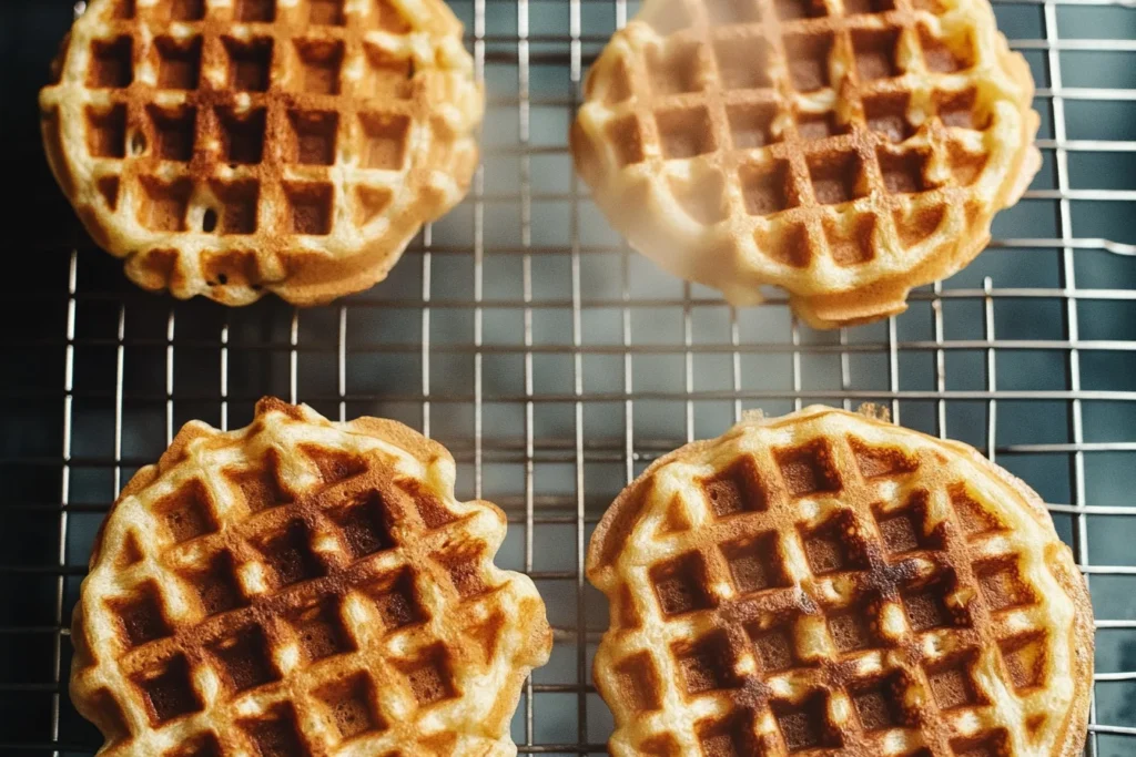 Golden-brown  waffles cooling on a wire rack with steam rising.