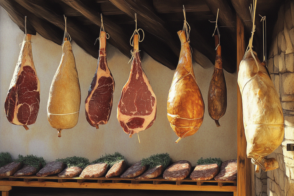 An Italian butcher slicing salami in a traditional market with hanging meats