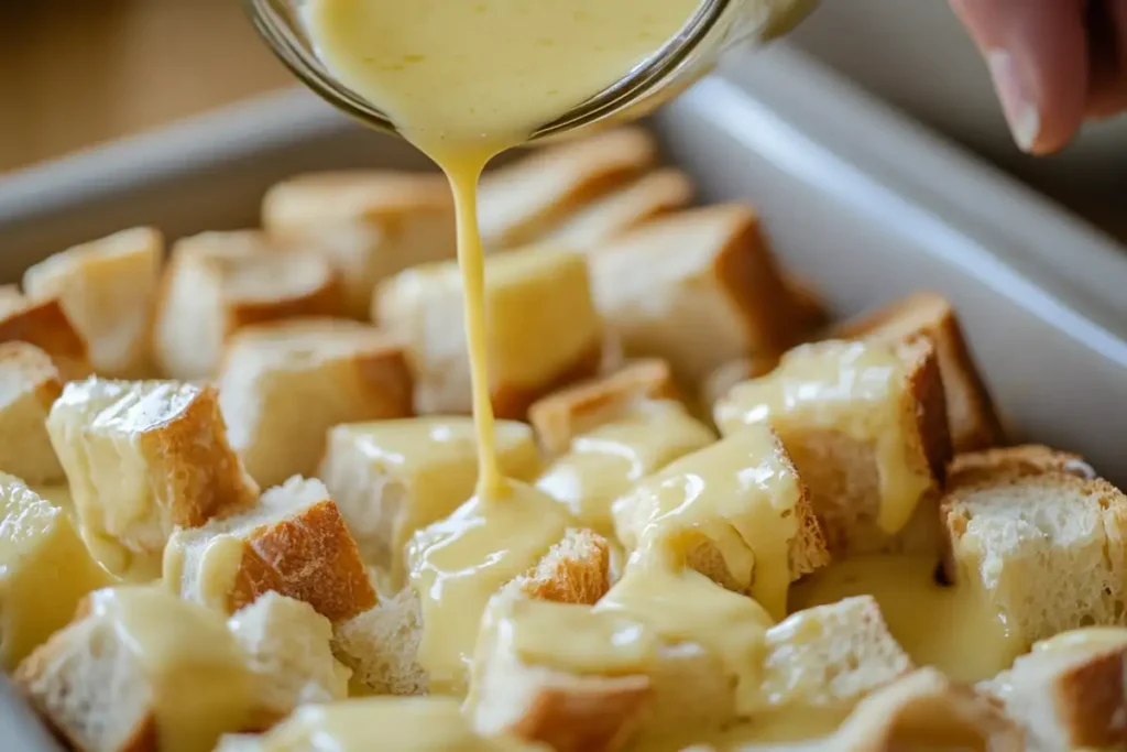 Close-up of custard being poured evenly over cubed sourdough bread in a baking dish.