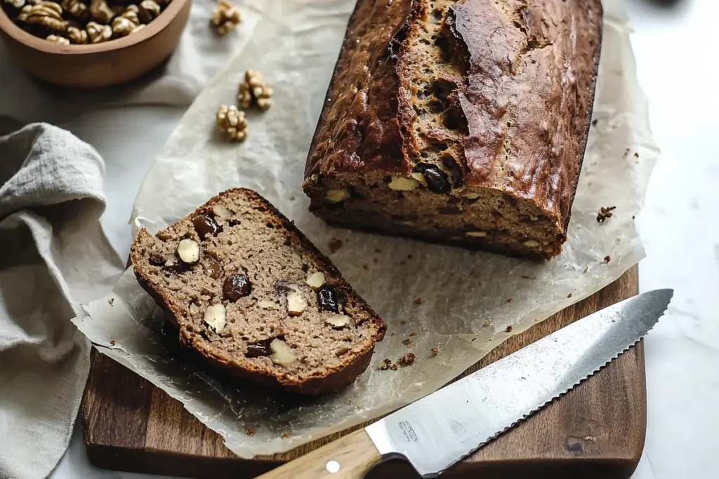 A loaf of date nut bread on a cutting board with one slice cut, showing the texture of dates and nuts inside, alongside a knife.