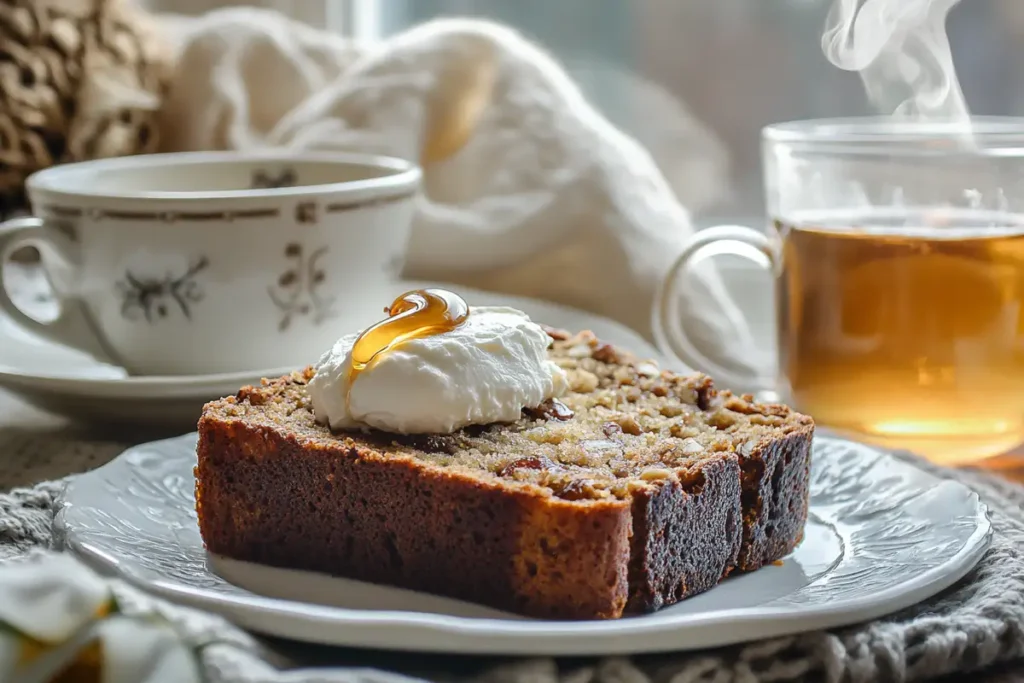  A slice of date nut bread topped with cream cheese and a drizzle of honey, served with tea in a cozy, light-filled setting.