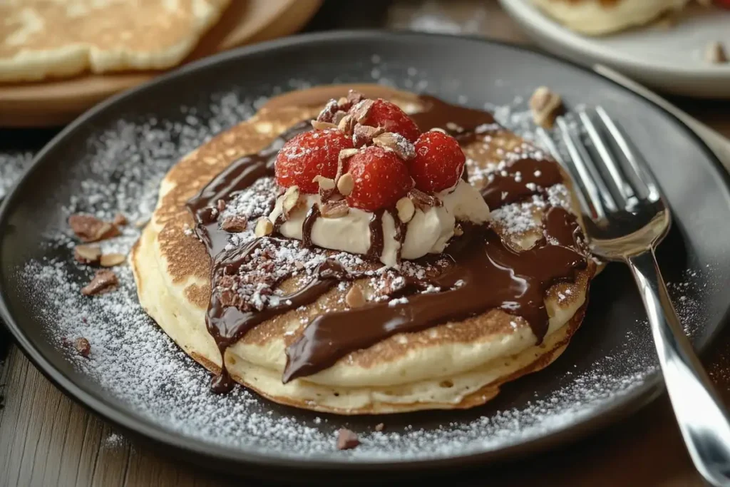 A plate of gluten-free sourdough pancakes topped with melted Nutella, whipped cream, fresh strawberries, and sprinkled with powdered sugar.