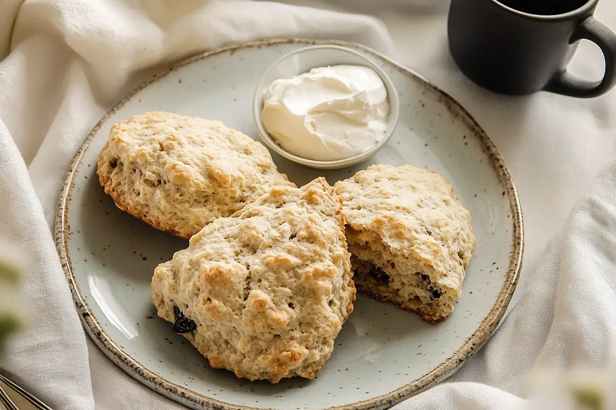 Golden sourdough scones on a rustic platter with clotted cream, and a cup of tea in soft natural light.