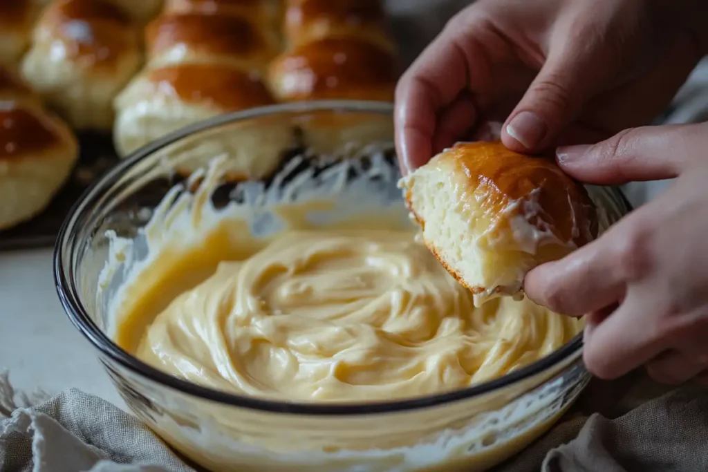 Hawaiian rolls being dipped into a rich custard mixture for French toast.