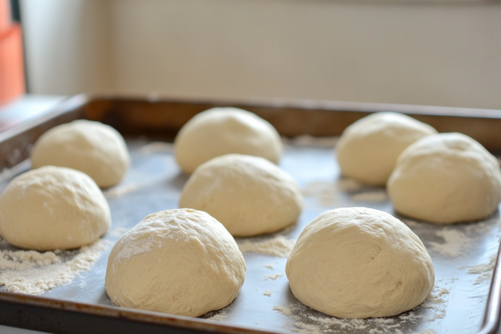 Soft dough balls resting on a floured baking tray, ready for proofing, with natural light coming through a nearby window