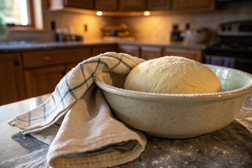  A ball of tortilla dough resting in a floured bowl, covered with a damp cloth, on a wooden countertop with a cozy kitchen background.