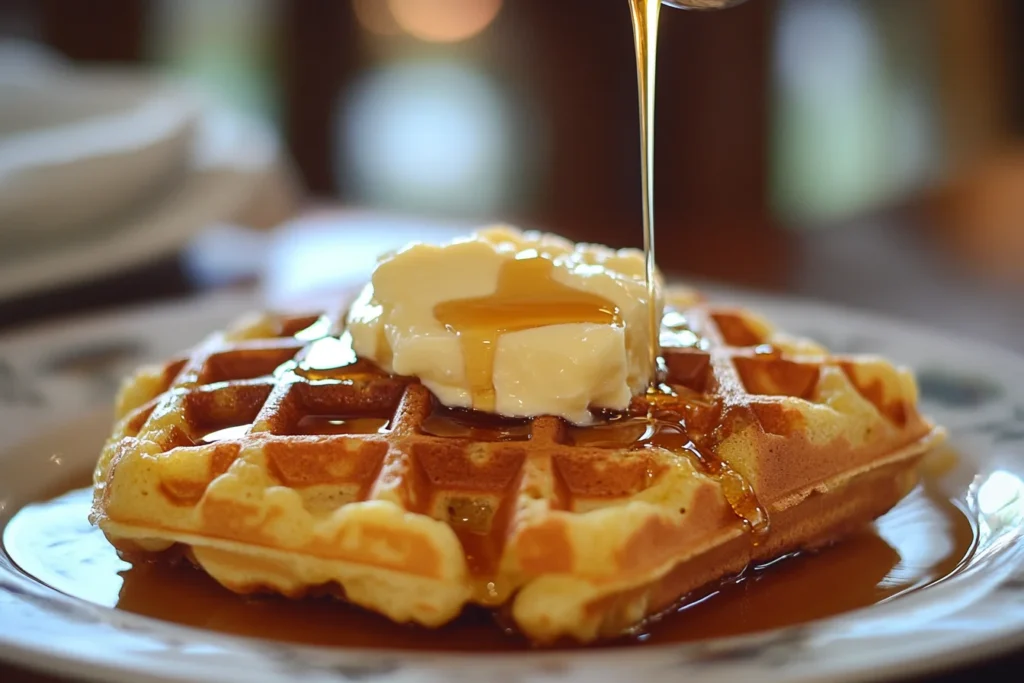 A close-up of golden sourdough discard waffles topped with melting butter and drizzled with syrup.