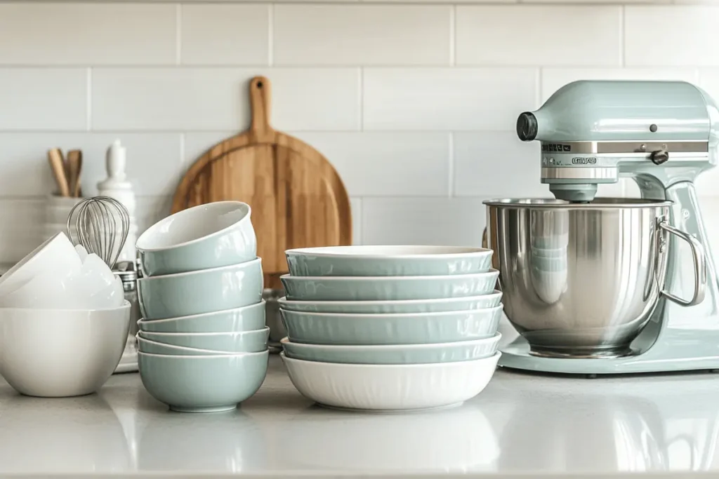 A neatly arranged kitchen countertop featuring essential cooking tools, including mixing bowls, a whisk, an electric mixer, a non-stick baking dish, measuring cups, spoons, a knife, and a cutting board, all in soft natural lighting