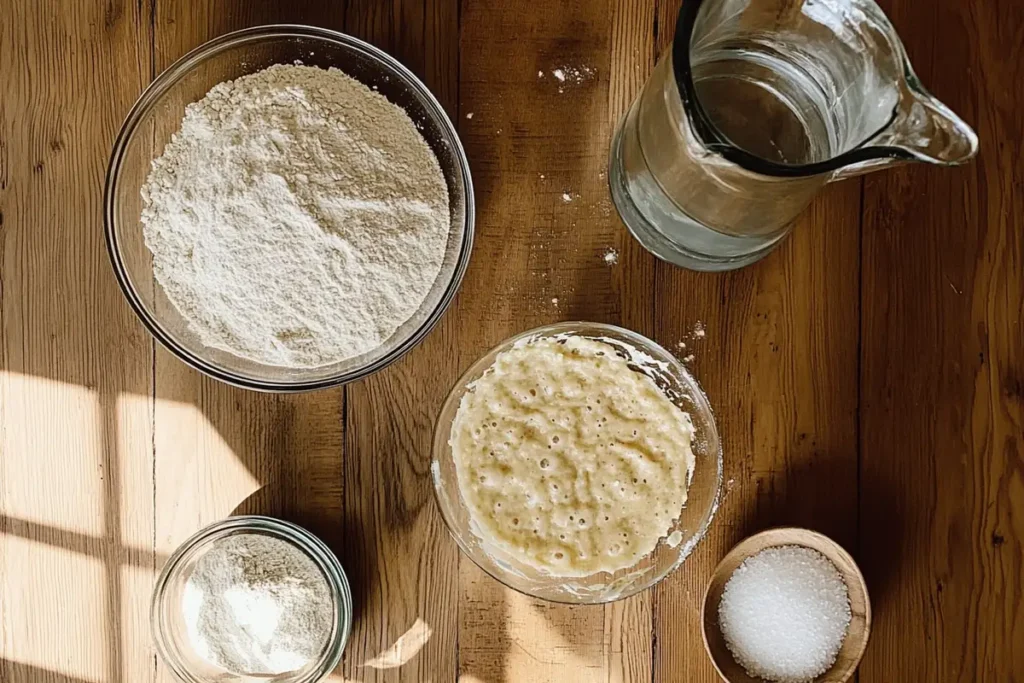 A top-down view of essential sourdough pizza dough ingredients on a wooden surface, including flour in two bowls, bubbly sourdough starter, a pitcher of water, and a small bowl of salt.