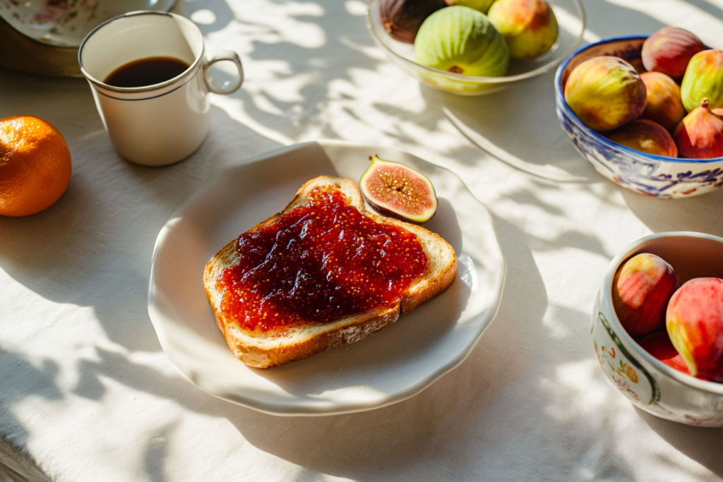 A bright breakfast scene featuring a slice of toast spread with fig jam, accompanied by a fresh fig half, a cup of coffee, and bowls of figs on a white tablecloth bathed in natural sunlight