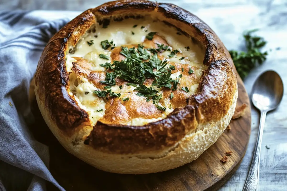 A rustic sourdough bread bowl with a beautifully baked crust, filled with creamy cheese soup and garnished with parsley.