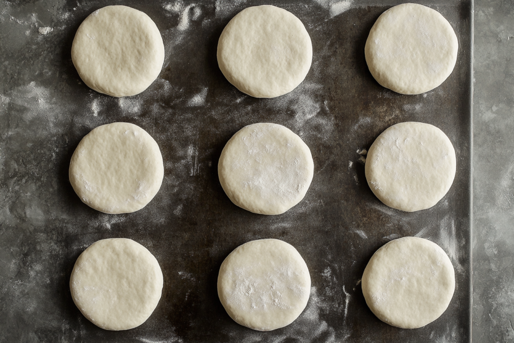 Nine evenly spaced, flattened dough discs dusted with flour, arranged on a baking tray with a rustic metal surface, ready for proofing.