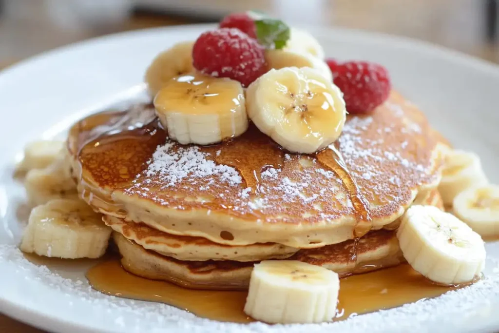  A stack of pancakes topped with banana slices and raspberries and drizzled with maple syrup.