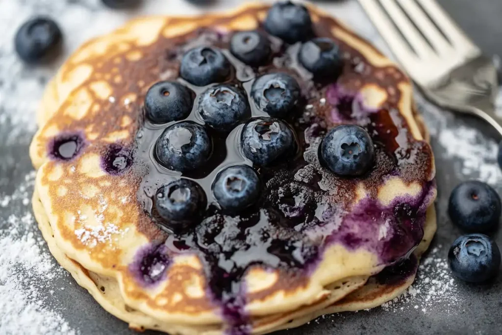  A close-up of gluten-free sourdough pancakes topped with fresh blueberries and drizzled with blueberry syrup, dusted with powdered sugar.