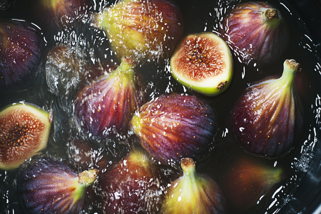 A close-up view of whole fresh figs submerged in water, showcasing their vibrant purple and green hues with one fig cut open to reveal the intricate inner seeds