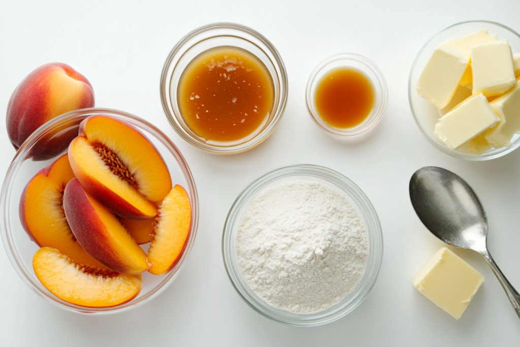 A top-down view of baking ingredients, including canned peach slices, sugar, flour, butter, vanilla extract, and a measuring spoon, neatly arranged on a white background