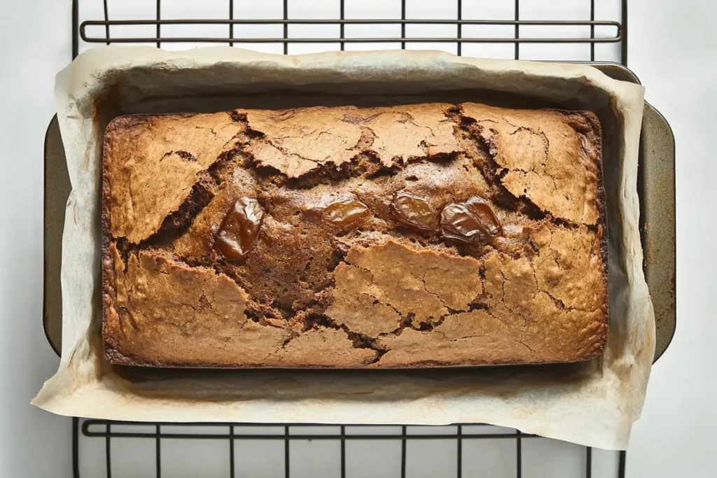  Freshly baked date nut bread in a parchment-lined loaf pan, showcasing its golden-brown crust with visible cracks