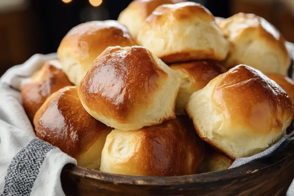 A basket filled with golden, freshly baked Hawaiian rolls with a glossy, buttery finish, wrapped in a cozy cloth