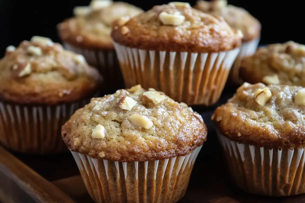 Golden sourdough discard banana muffins  topping with nuts on a wooden tray.