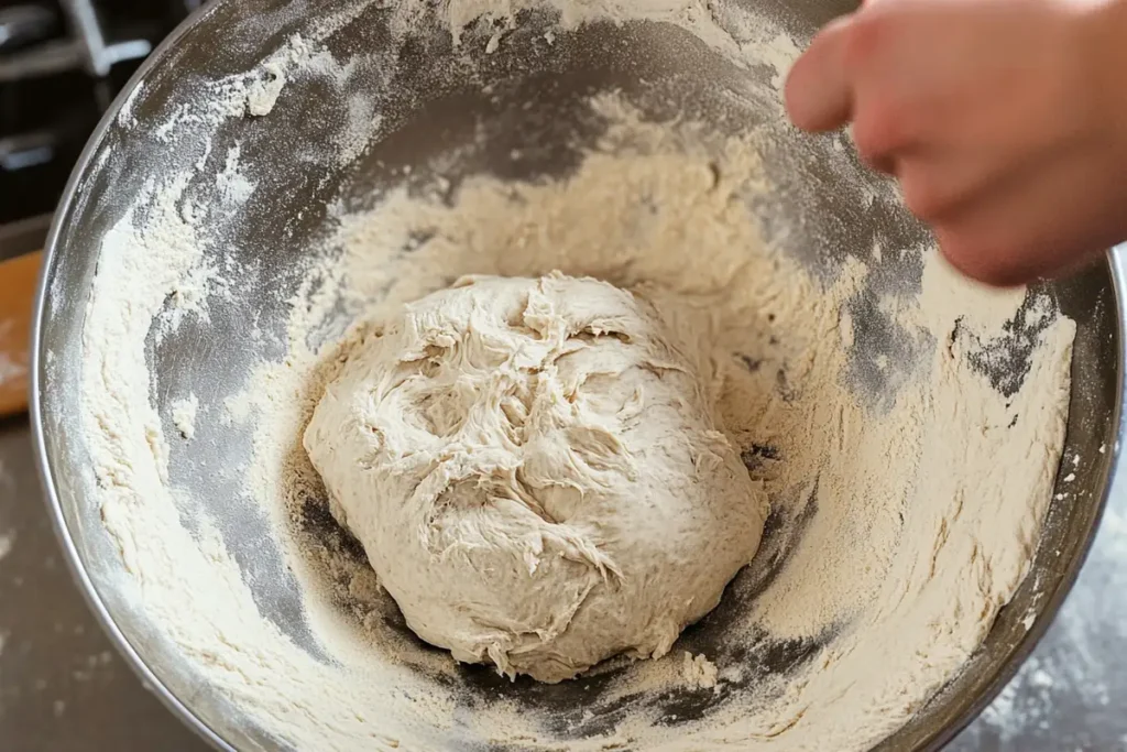 A sticky ball of dough sitting in a large flour-dusted mixing bowl with a hand visible, ready for the next step in the bread-making process.