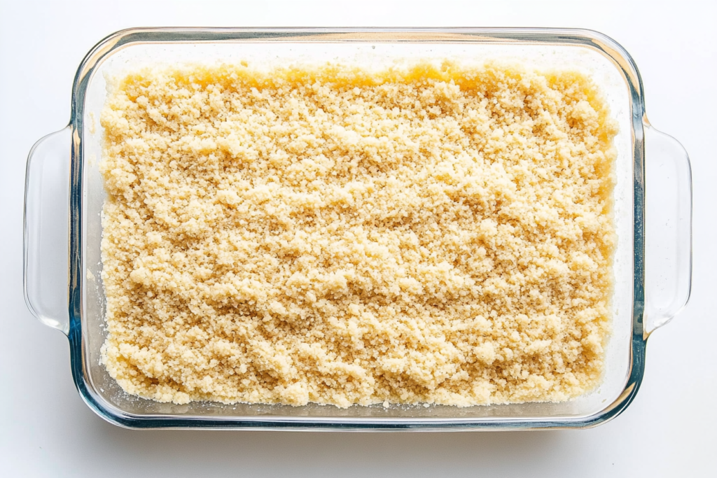 A top-down view of a glass baking dish filled with an evenly spread layer of golden crumble topping over a dessert, set on a clean white background.