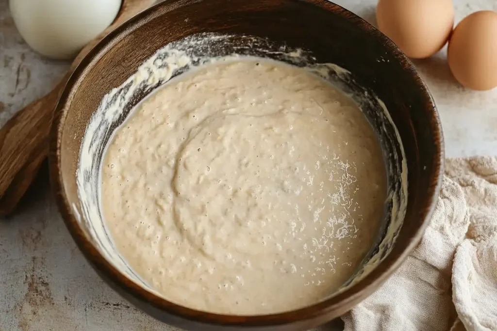  A wooden bowl filled with smooth gluten-free sourdough pancake batter, surrounded by eggs, milk, and a rustic beige cloth.