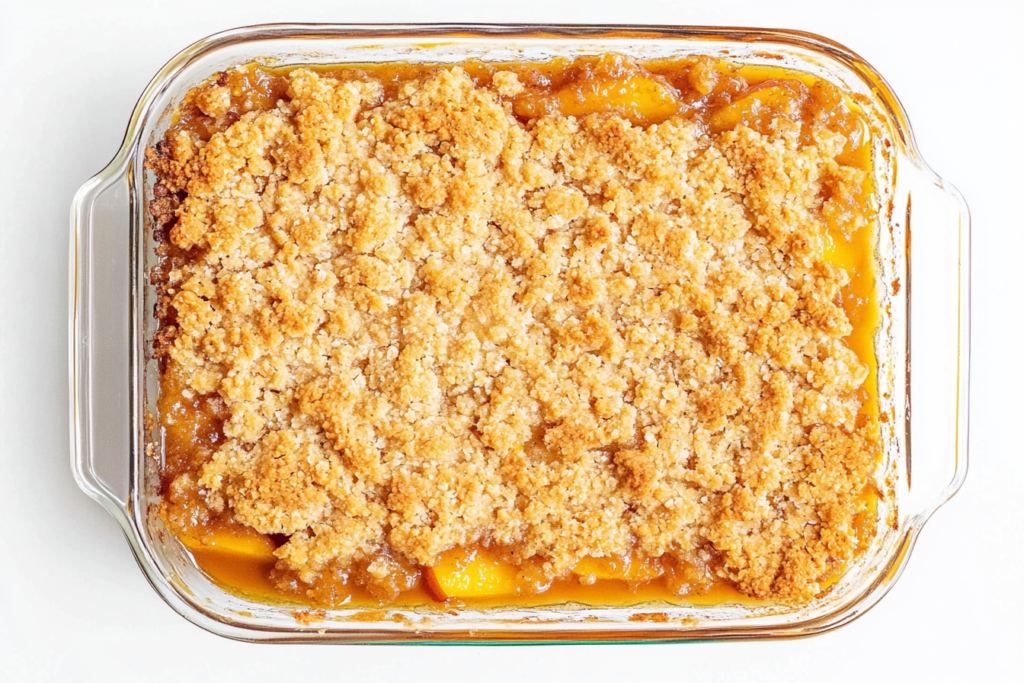 A top-down view of a freshly baked peach crumble in a glass baking dish, featuring a golden, crispy topping with bubbly peach filling visible around the edges.