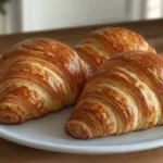 Three freshly baked golden sourdough croissants are arranged on a white plate with visible flaky layers.