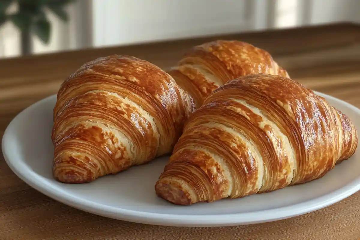 Three freshly baked golden sourdough croissants are arranged on a white plate with visible flaky layers.