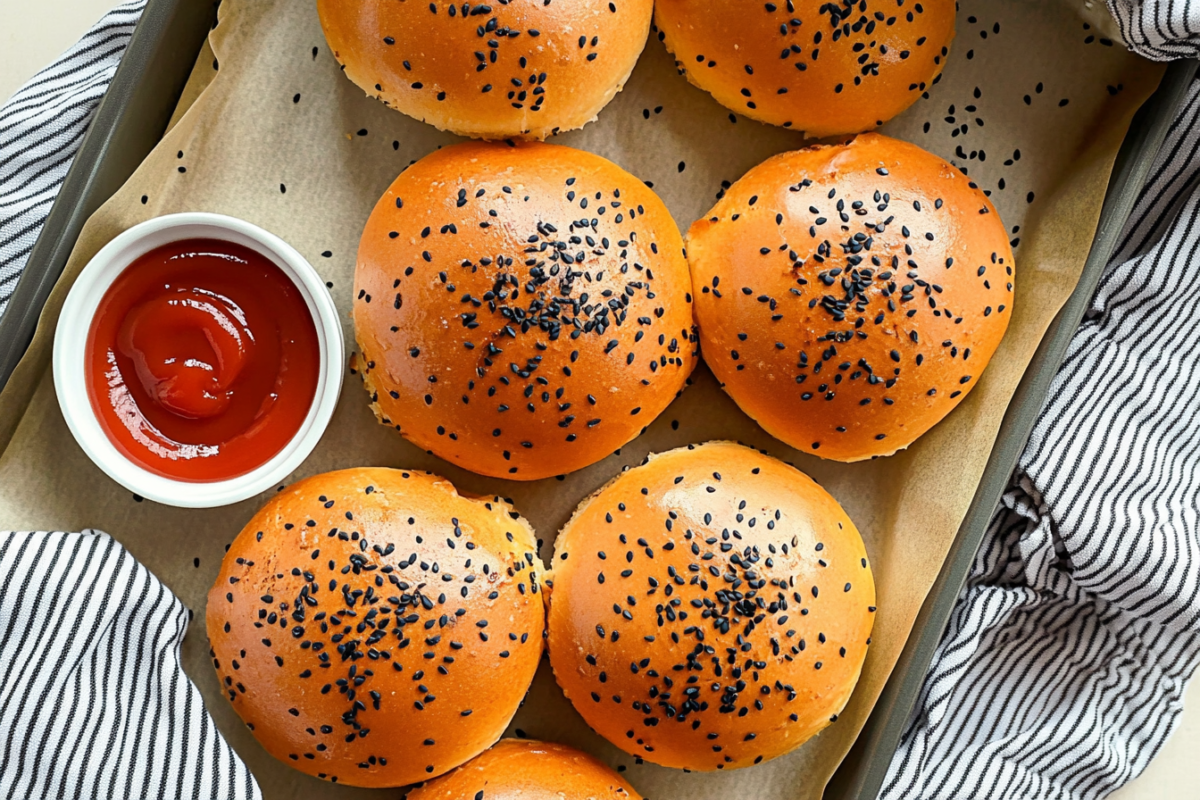 Freshly baked golden brown hamburger buns sprinkled with black sesame seeds, served with a small bowl of ketchup on parchment-lined baking tray