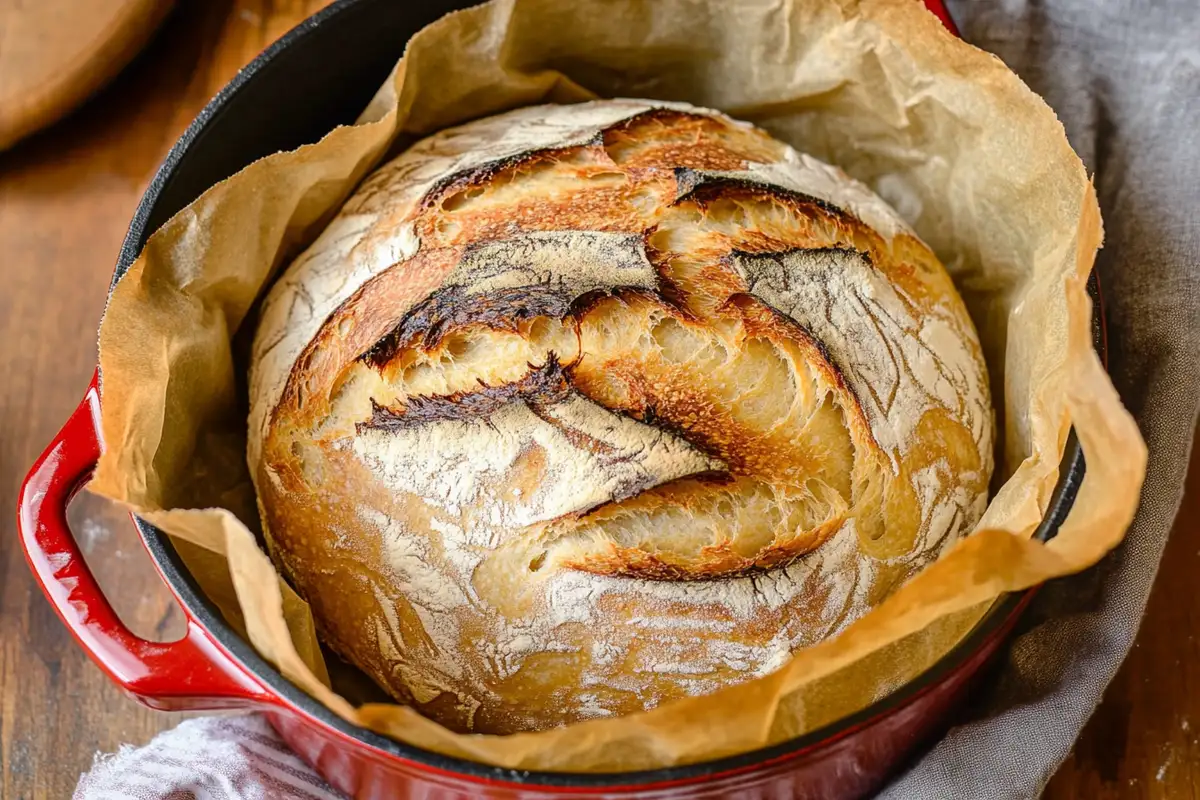 Freshly baked sourdough discard bread in a Dutch oven with a golden, cracked crust.