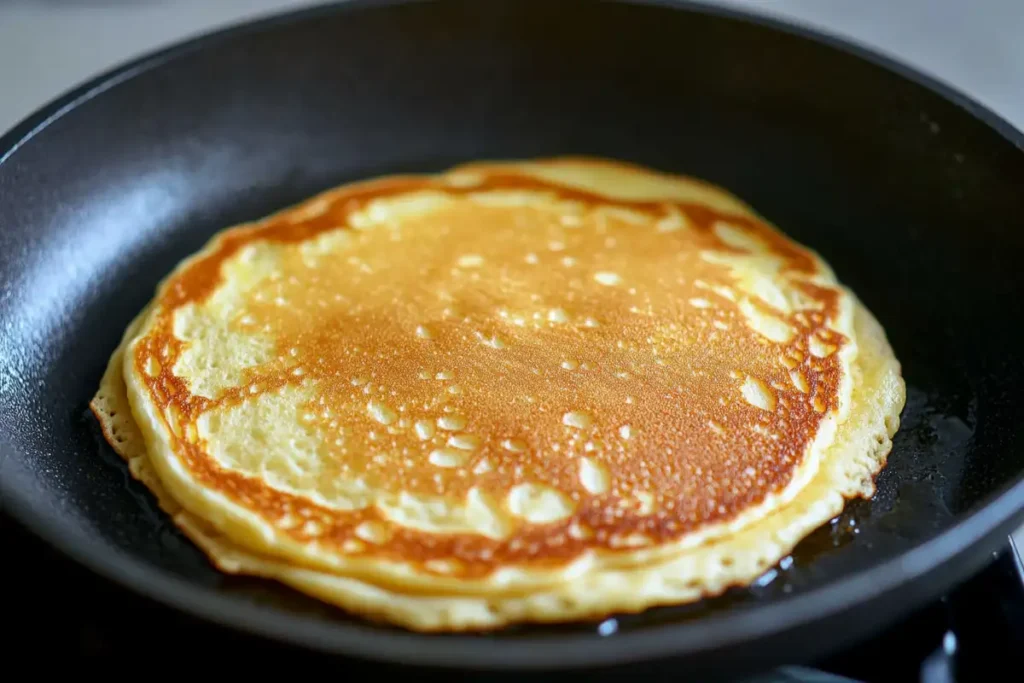  A perfectly golden pancake is cooked on a non-stick skillet, with tiny bubbles forming on the surface.