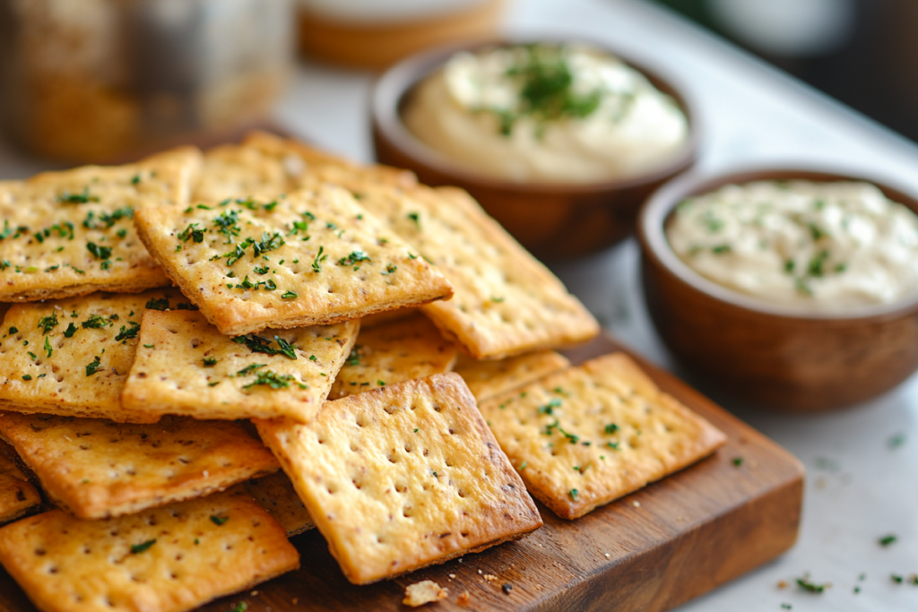 A close-up of golden sourdough crackers sprinkled with fresh herbs, served on a wooden board alongside bowls of creamy dips