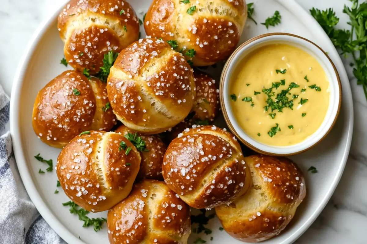 A plate of golden brown pretzel bites sprinkled with coarse sea salt, served with a creamy cheese dip garnished with parsley