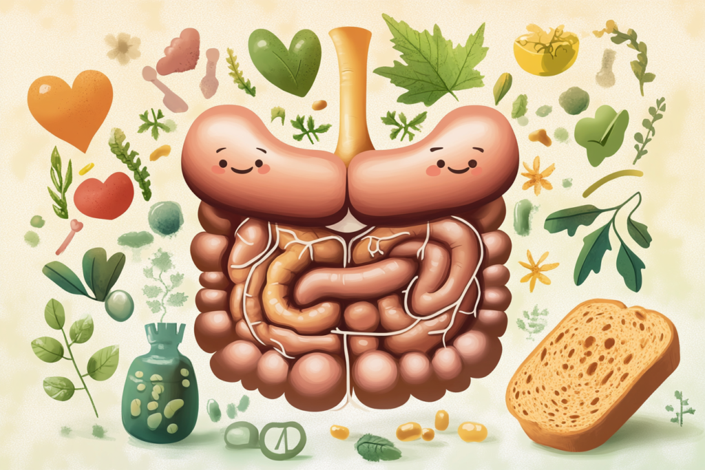 Illustration of gut health with icons of sourdough bread and probiotics.