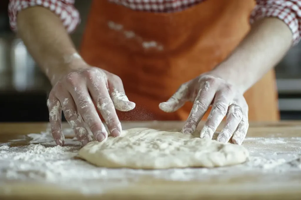 Close-up of flour-dusted hands kneading a soft, elastic pizza dough on a floured wooden surface, with an orange apron visible in the background.





