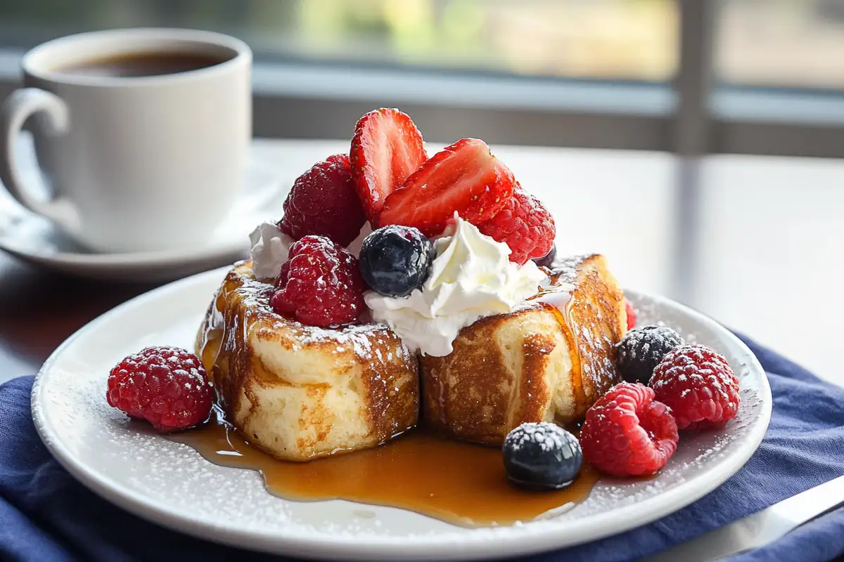 Stuffed Hawaiian Roll French Toast with Nutella, bananas, powdered sugar, and fresh strawberries.