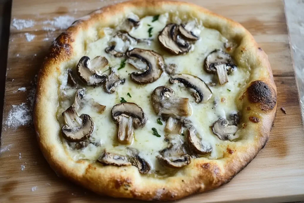  A homemade sourdough discard pizza topped with melted cheese and sautéed mushrooms, featuring a golden, crispy crust, served on a wooden board dusted with flour.