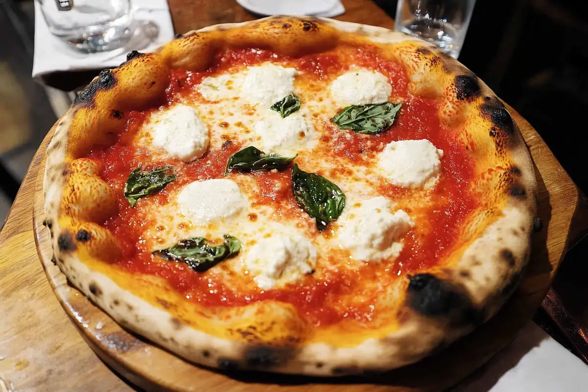 A homemade sourdough discard Margherita pizza with a thin, charred crust, topped with tomato sauce, dollops of fresh mozzarella cheese, and basil leaves, served on a wooden board.