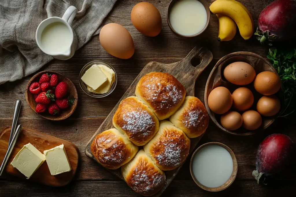 Fresh ingredients for Hawaiian Roll French Toast, including eggs, milk, vanilla, cinnamon, butter, and Hawaiian rolls.