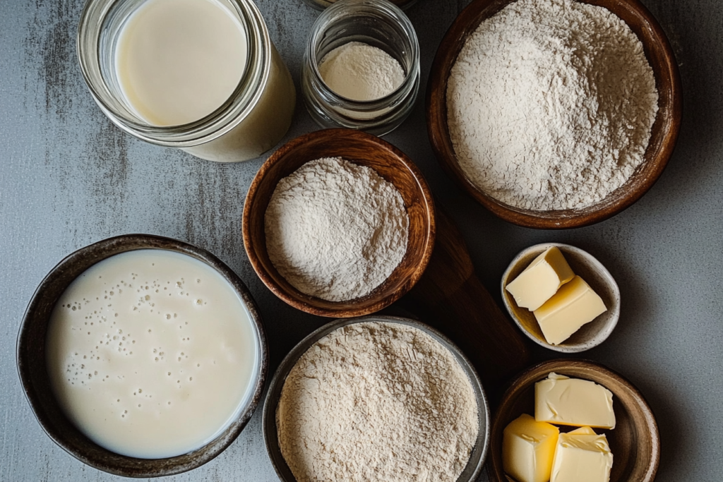 A flat lay of ingredients for making hamburger buns, including milk, butter, flour, and yeast, arranged in rustic bowls on a wooden surface.