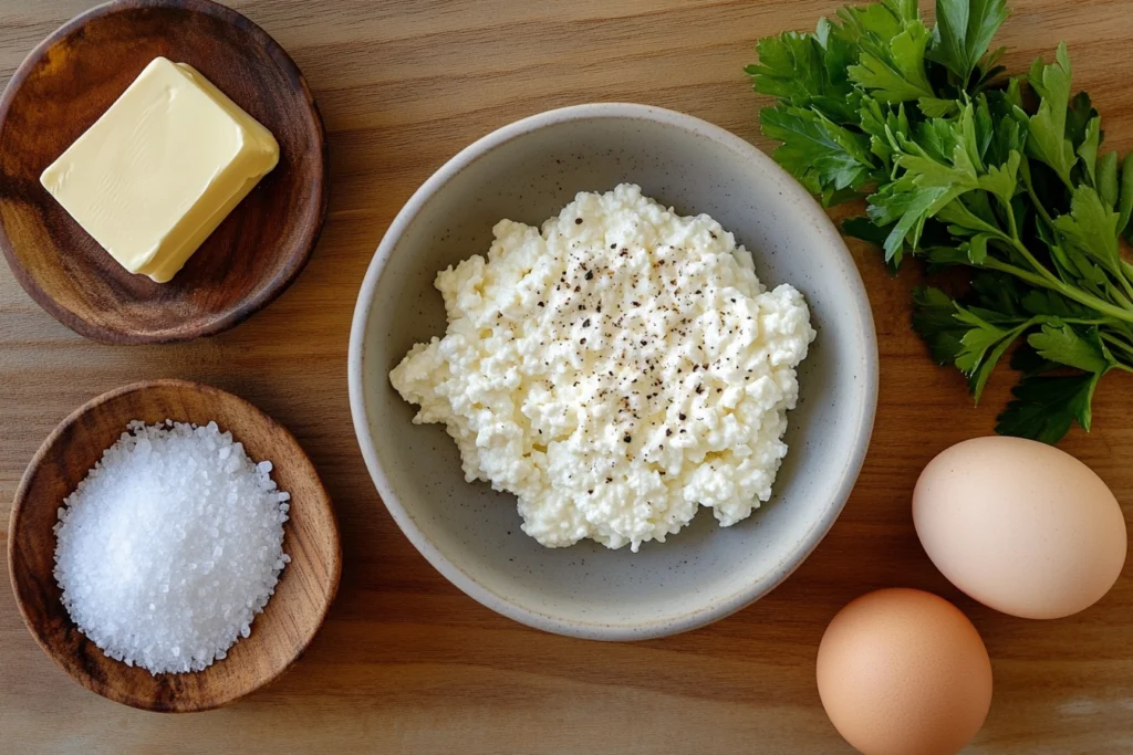  Flat lay of ingredients: eggs, cottage cheese, butter, salt, pepper, and parsley on a wooden countertop.