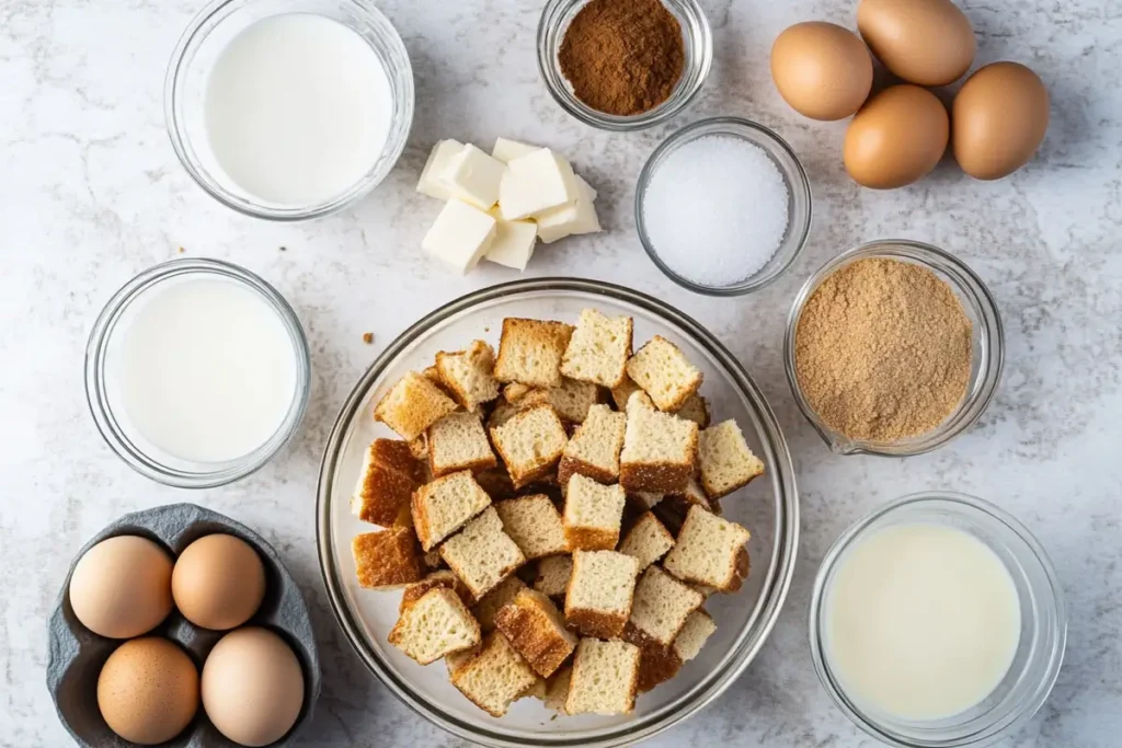 Baking essentials for sourdough French toast casserole, including cubed sourdough bread, eggs, milk, cream, cinnamon, sugar, and butte