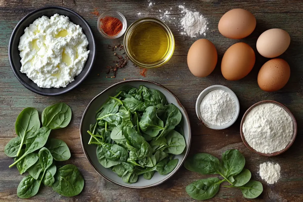 Flat lay of fresh spinach, ricotta cheese, eggs, flour, olive oil, and Italian spices on a rustic wooden table.