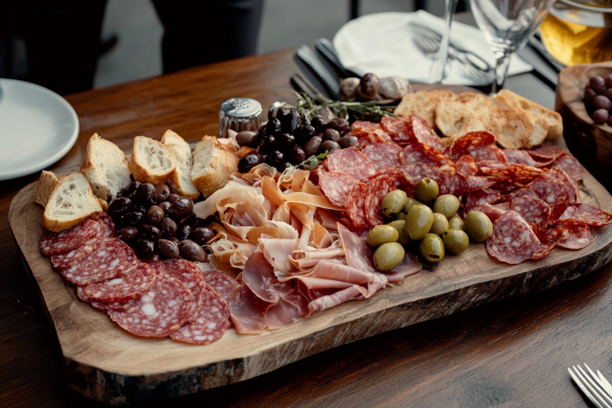 A rustic board with prosciutto, salami, mortadella, olives, and crusty bread.