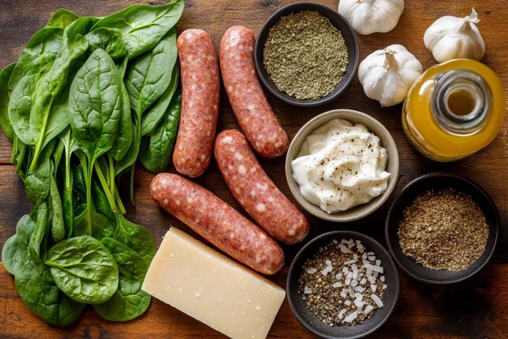 Fresh Italian sausage, Parmesan cheese, spinach, garlic, onions, cream, and herbs displayed on a rustic wooden surface