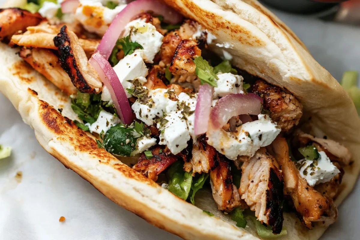 Close-up of a Greek chicken pita wrap stuffed with tender grilled chicken, feta cheese, red onions, and fresh herbs.