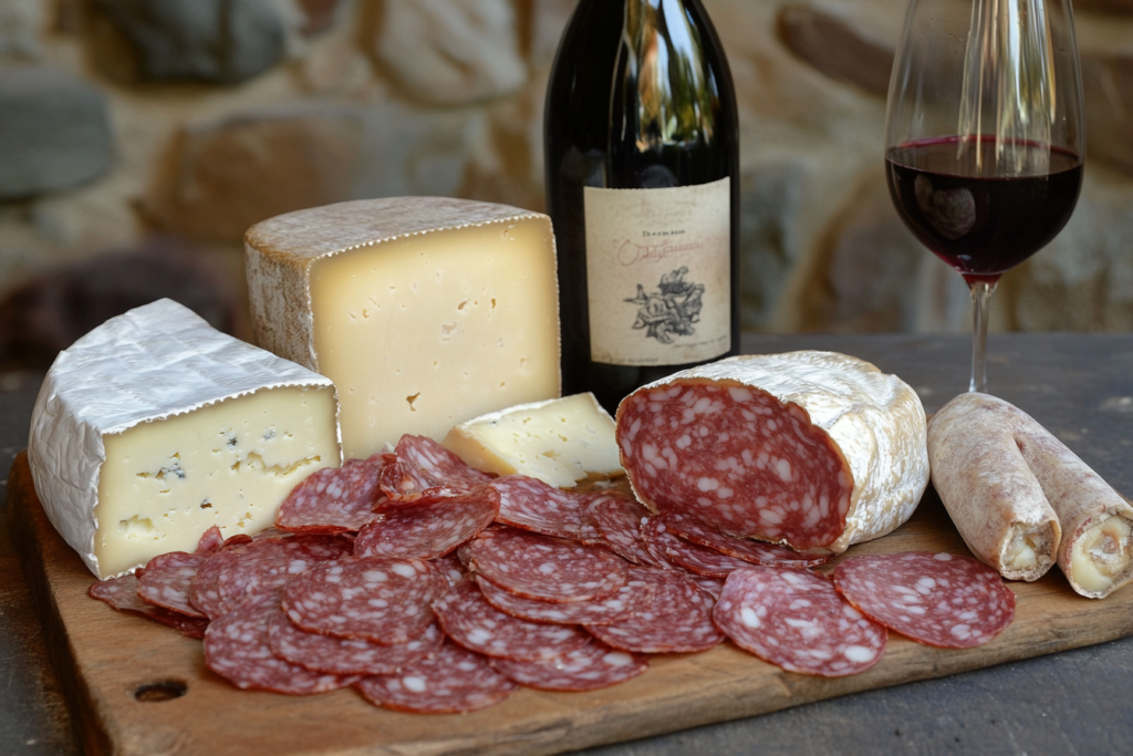 Italian deli meats paired with red wine and cheeses on a rustic table.