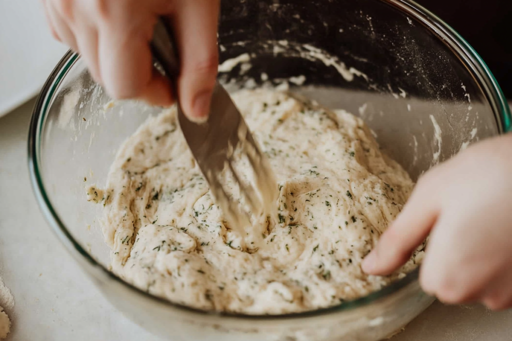 Hands mixing sourdough discard dough speckled with fresh herbs in a clear glass bowl, preparing for baking