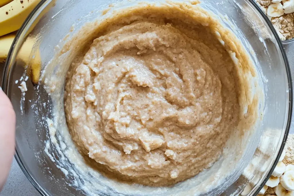 A bowl with mashed bananas and sourdough discard being mixed.